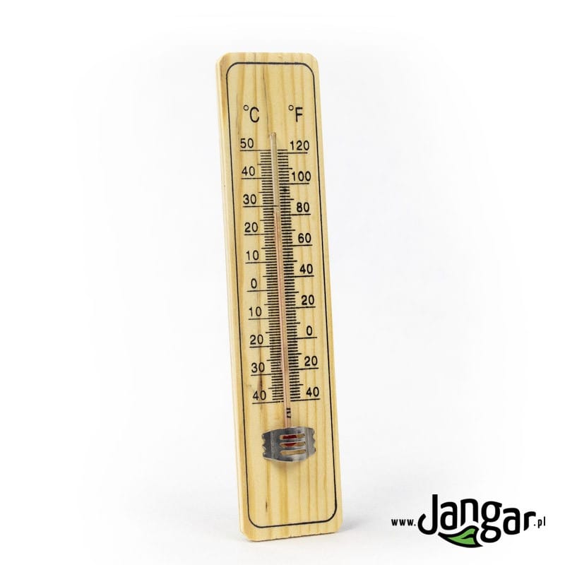 Wall-mounted, wooden thermometer