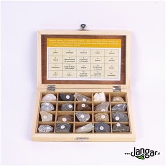 A collection of 20 rocks and minerals in a lockable wooden box