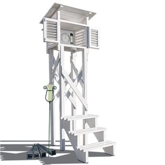 Weather station, wooden, house-type with stand, stairs and anchors