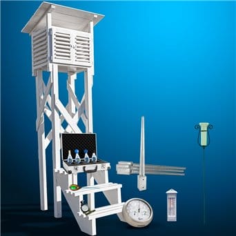 Weather station, wooden, house-type set with stand, stairs and anchors and environmental meters