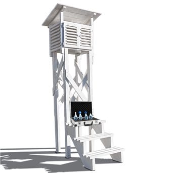 Weather station, wooden, house-type set with stand, stairs and anchors and environmental meters